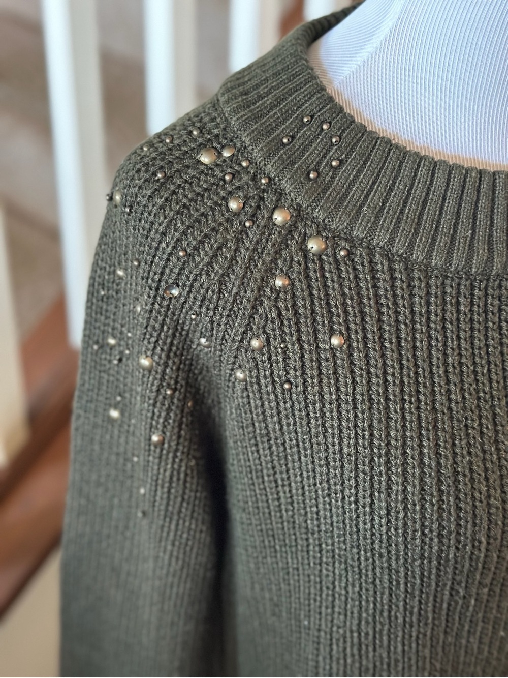 Mossimo Supply Co. Olive Green Metal-Embellished Crewneck Sweater - E1005